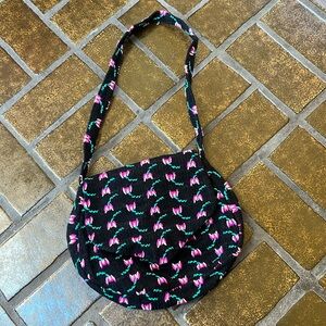 Vintage Black Knit Purple & Teal Woven Floral Shoulder Bag